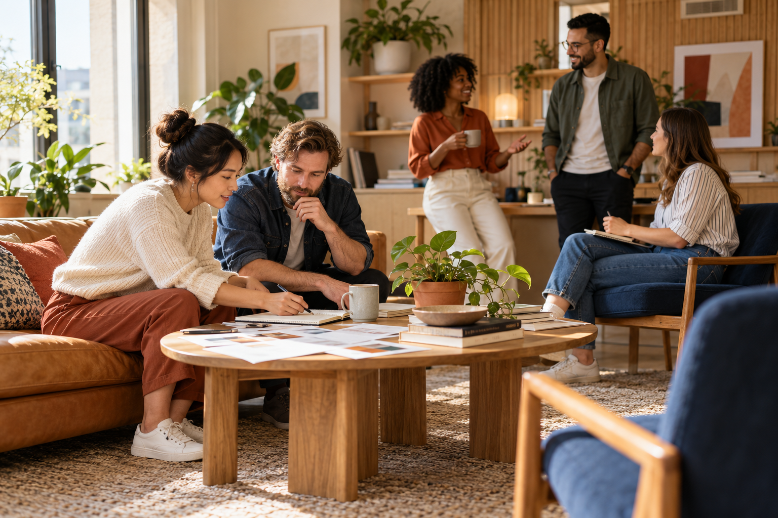 A collaborative local-marketing team in a warm studio.