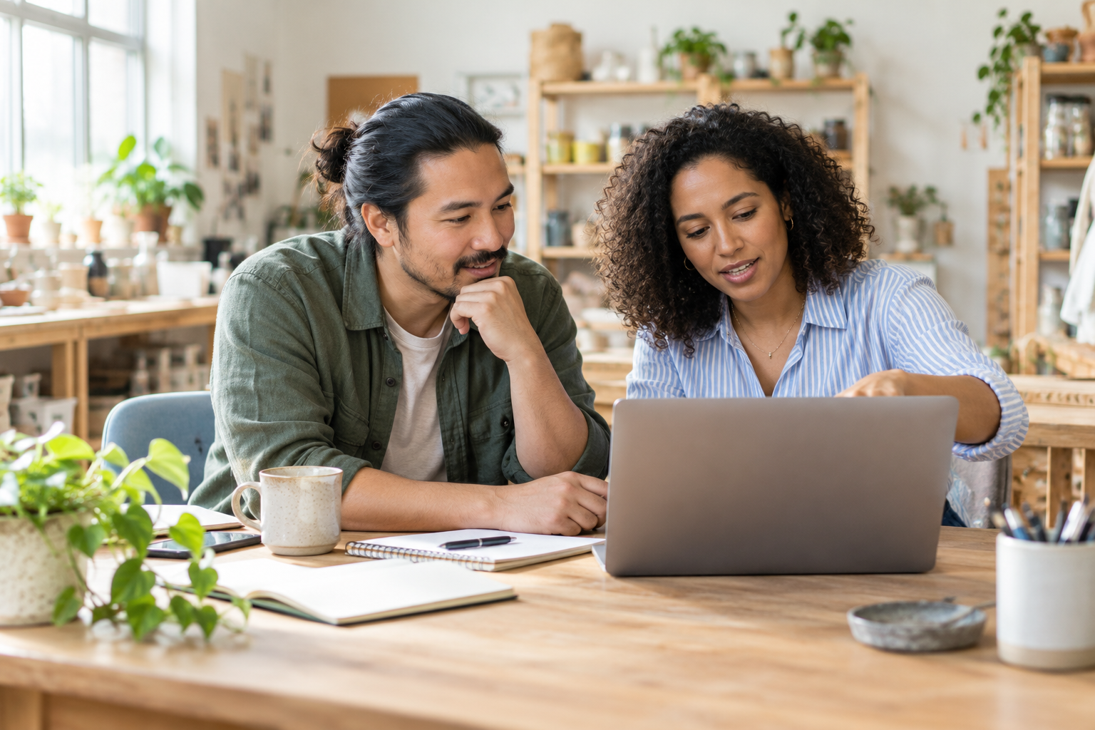 Two people learning a new workspace together.