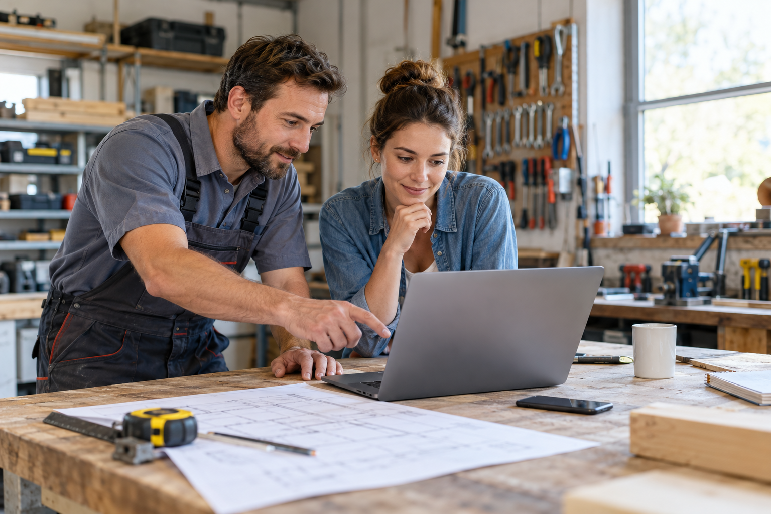 A home-services professional and marketer reviewing work on a laptop.