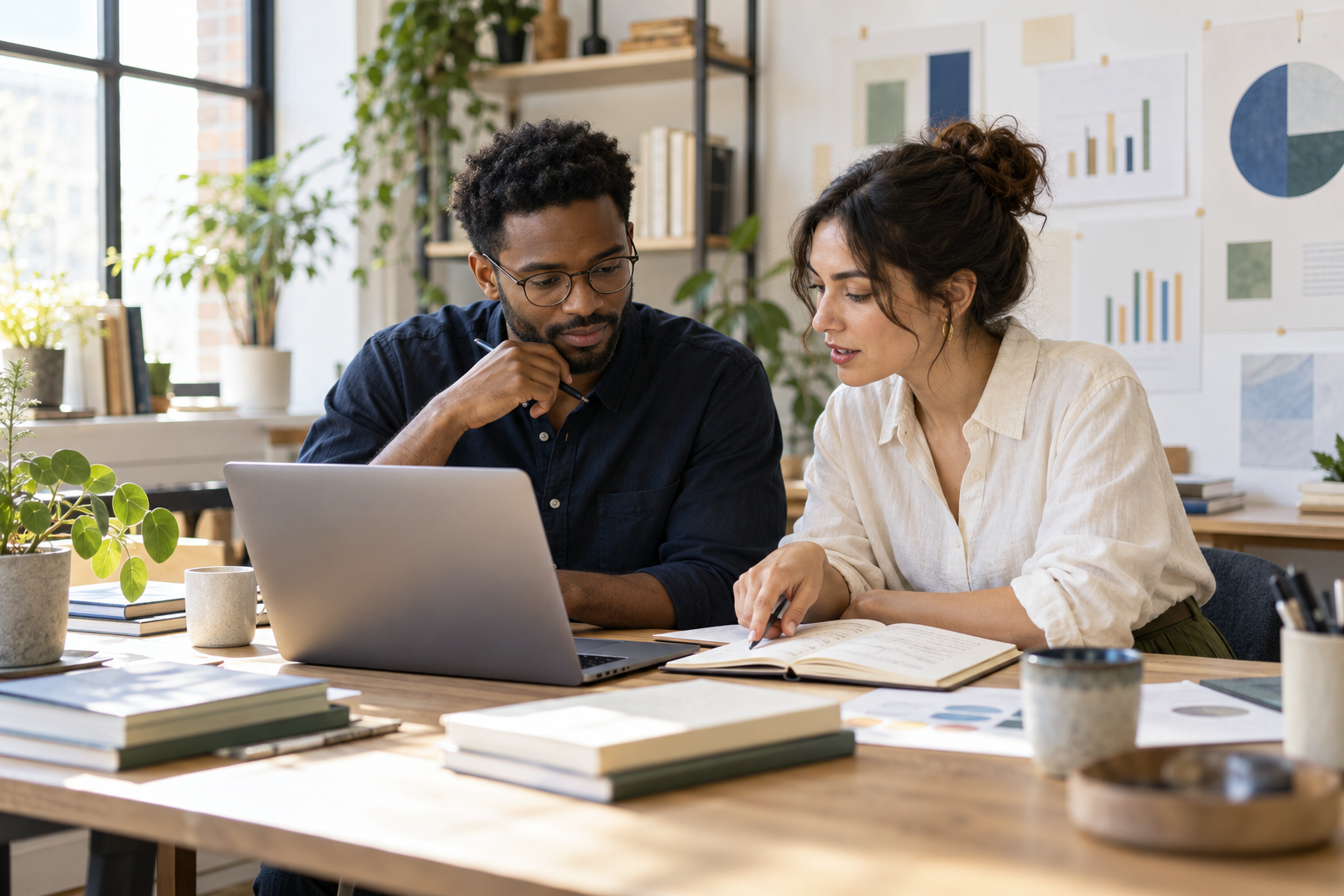 Two search strategists reviewing research together.